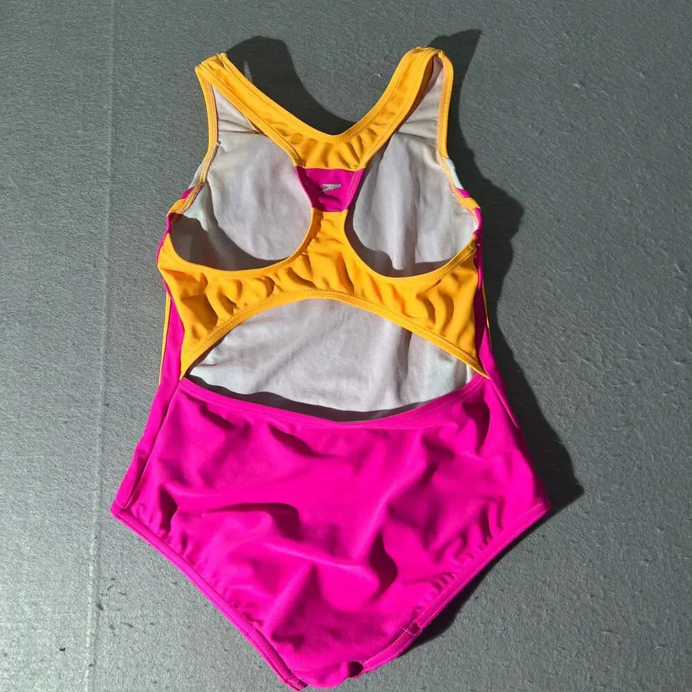 Speedo Girls Size 14 Pink Orange White Colorblock Racerback One Piece Swimsuit